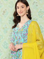 Thumbnail for Janasya Women's Sky Blue Moss Floral Digital Printed Flared Festive Kurta Set - Distacart