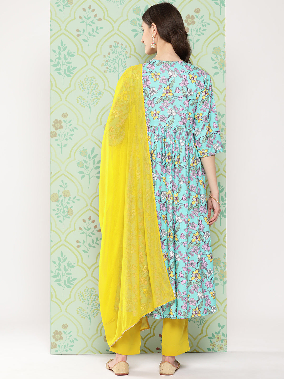 Janasya Women's Sky Blue Moss Floral Digital Printed Flared Festive Kurta Set - Distacart