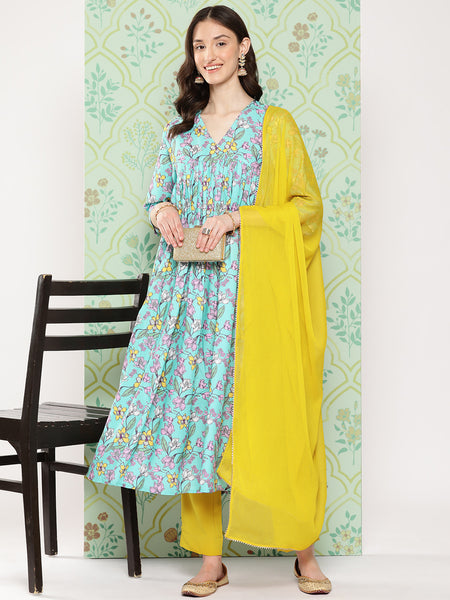 Janasya Women's Sky Blue Moss Floral Digital Printed Flared Festive Kurta Set - Distacart