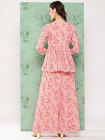 Thumbnail for Janasya Women's Peach Georgette Digital Floral Printed Peplum Festive Top Set - Distacart