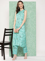Thumbnail for Janasya Women's Aqua Blue Moss Digital Floral Printed Straight Festive Kurta Set - Distacart