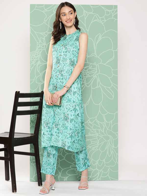 Janasya Women's Aqua Blue Moss Digital Floral Printed Straight Festive Kurta Set - Distacart