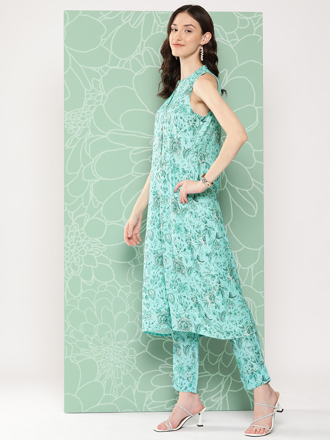 Janasya Women's Aqua Blue Moss Digital Floral Printed Straight Festive Kurta Set - Distacart