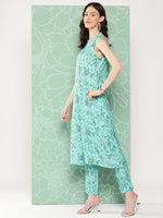 Thumbnail for Janasya Women's Aqua Blue Moss Digital Floral Printed Straight Festive Kurta Set - Distacart