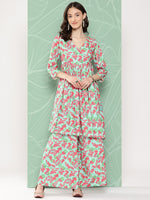 Thumbnail for Janasya Women's Mint Moss Floral Digital Printed Angrakha Festive Kurta Set - Distacart