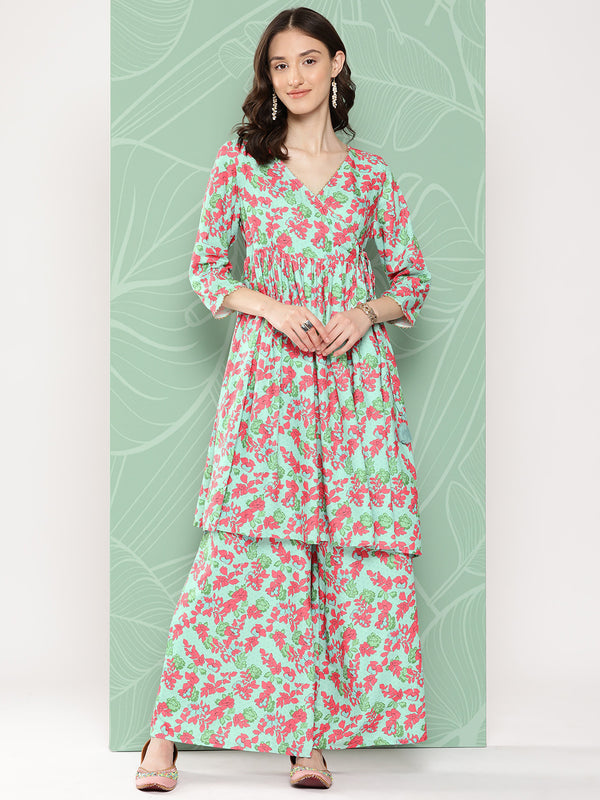 Janasya Women's Mint Moss Floral Digital Printed Angrakha Festive Kurta Set - Distacart