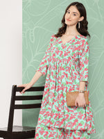 Thumbnail for Janasya Women's Mint Moss Floral Digital Printed Angrakha Festive Kurta Set - Distacart