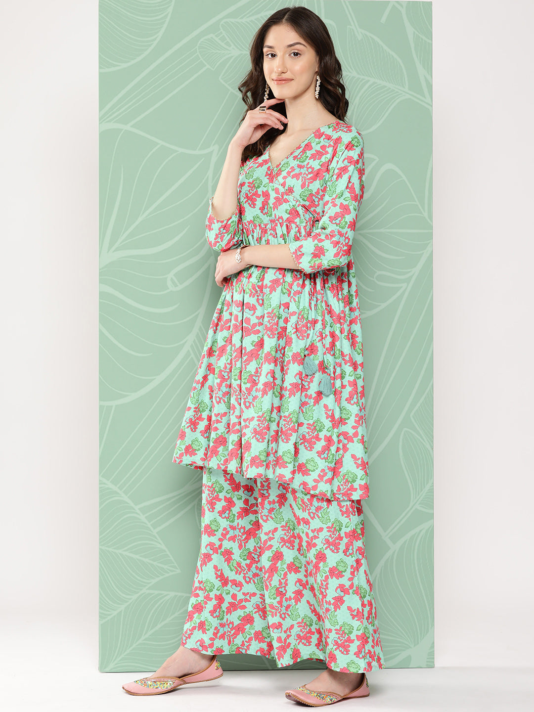 Janasya Women's Mint Moss Floral Digital Printed Angrakha Festive Kurta Set - Distacart