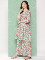 Thumbnail for Janasya Women's Mint Moss Floral Digital Printed Angrakha Festive Kurta Set - Distacart