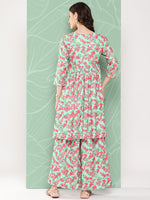 Thumbnail for Janasya Women's Mint Moss Floral Digital Printed Angrakha Festive Kurta Set - Distacart