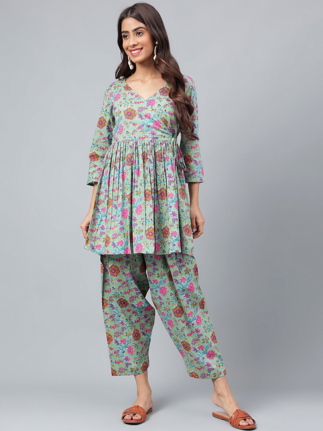 Janasya Women's Sage Green Cotton Floral Printed Flared Casual Short Kurta Set - Distacart