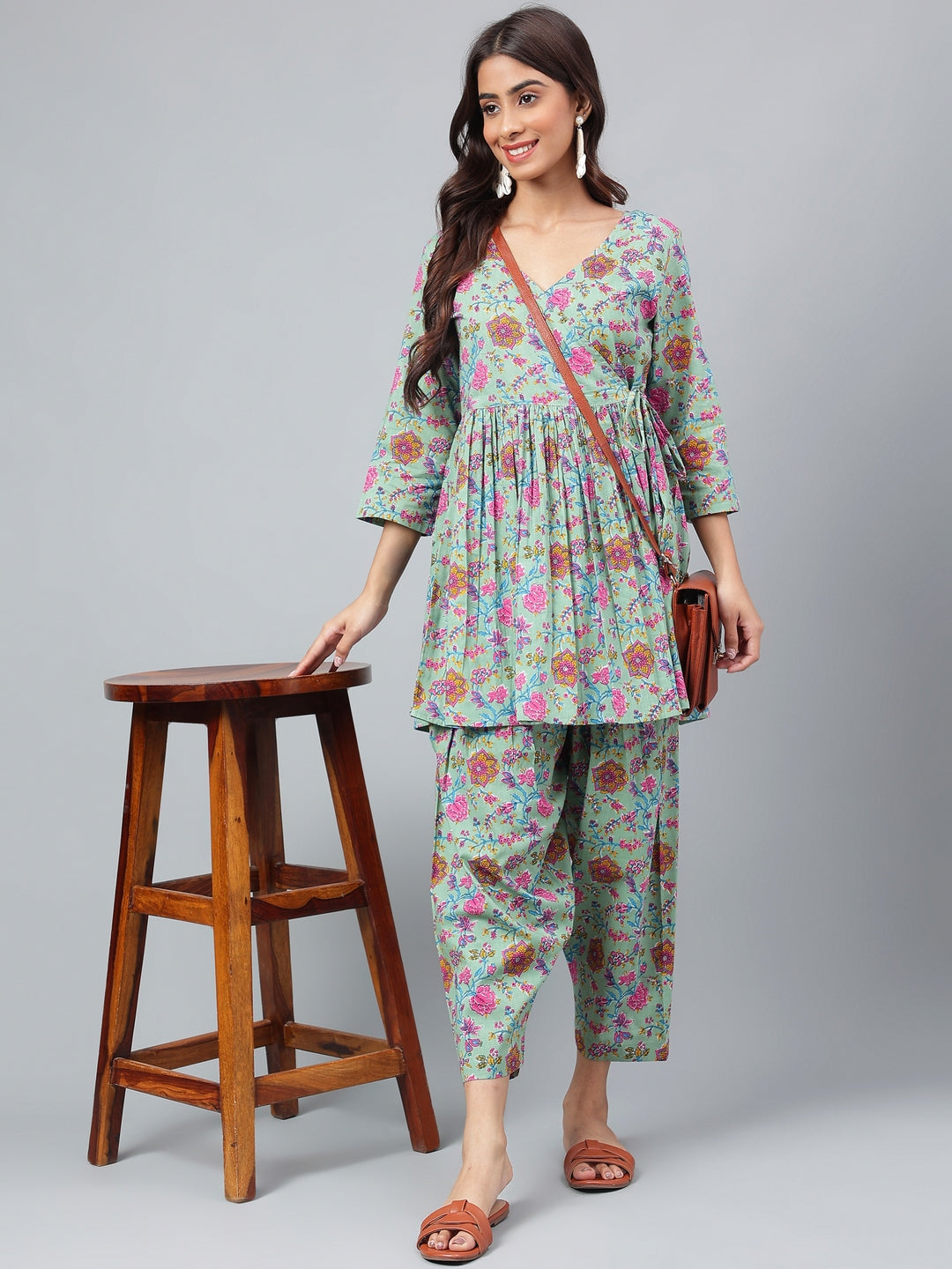 Janasya Women's Sage Green Cotton Floral Printed Flared Casual Short Kurta Set - Distacart