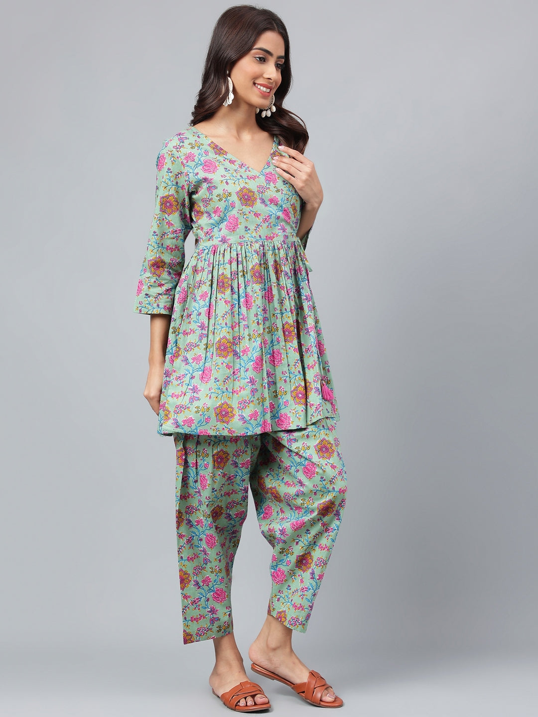 Janasya Women's Sage Green Cotton Floral Printed Flared Casual Short Kurta Set - Distacart