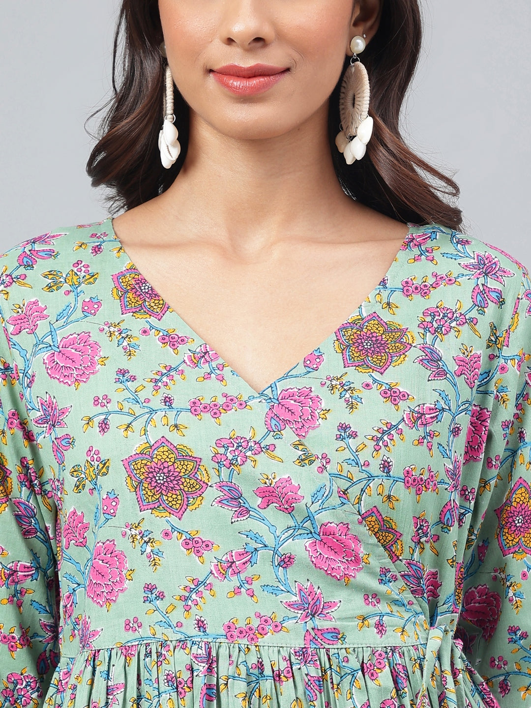 Janasya Women's Sage Green Cotton Floral Printed Flared Casual Short Kurta Set - Distacart