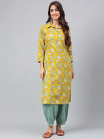 Thumbnail for Janasya Women's Mustard Cotton Cambric Floral Printed Straight Casual Kurta Set - Distacart