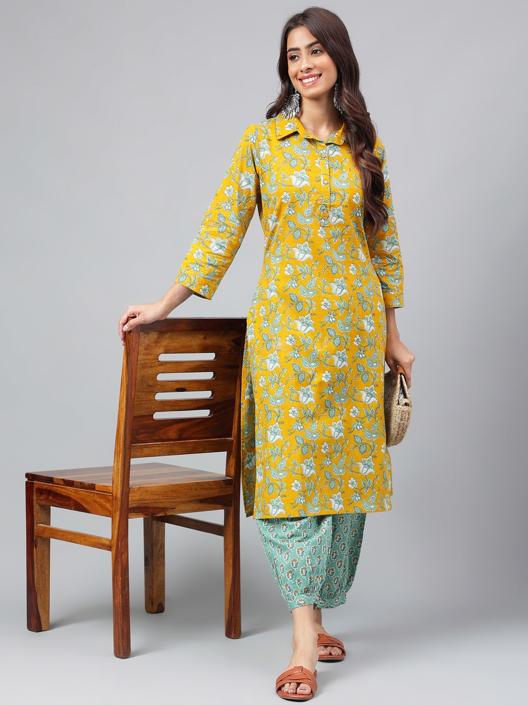 Janasya Women's Mustard Cotton Cambric Floral Printed Straight Casual Kurta Set - Distacart