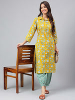 Thumbnail for Janasya Women's Mustard Cotton Cambric Floral Printed Straight Casual Kurta Set - Distacart