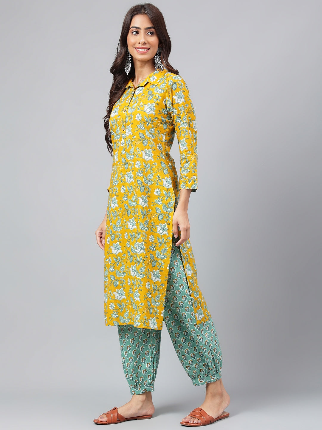 Janasya Women's Mustard Cotton Cambric Floral Printed Straight Casual Kurta Set - Distacart