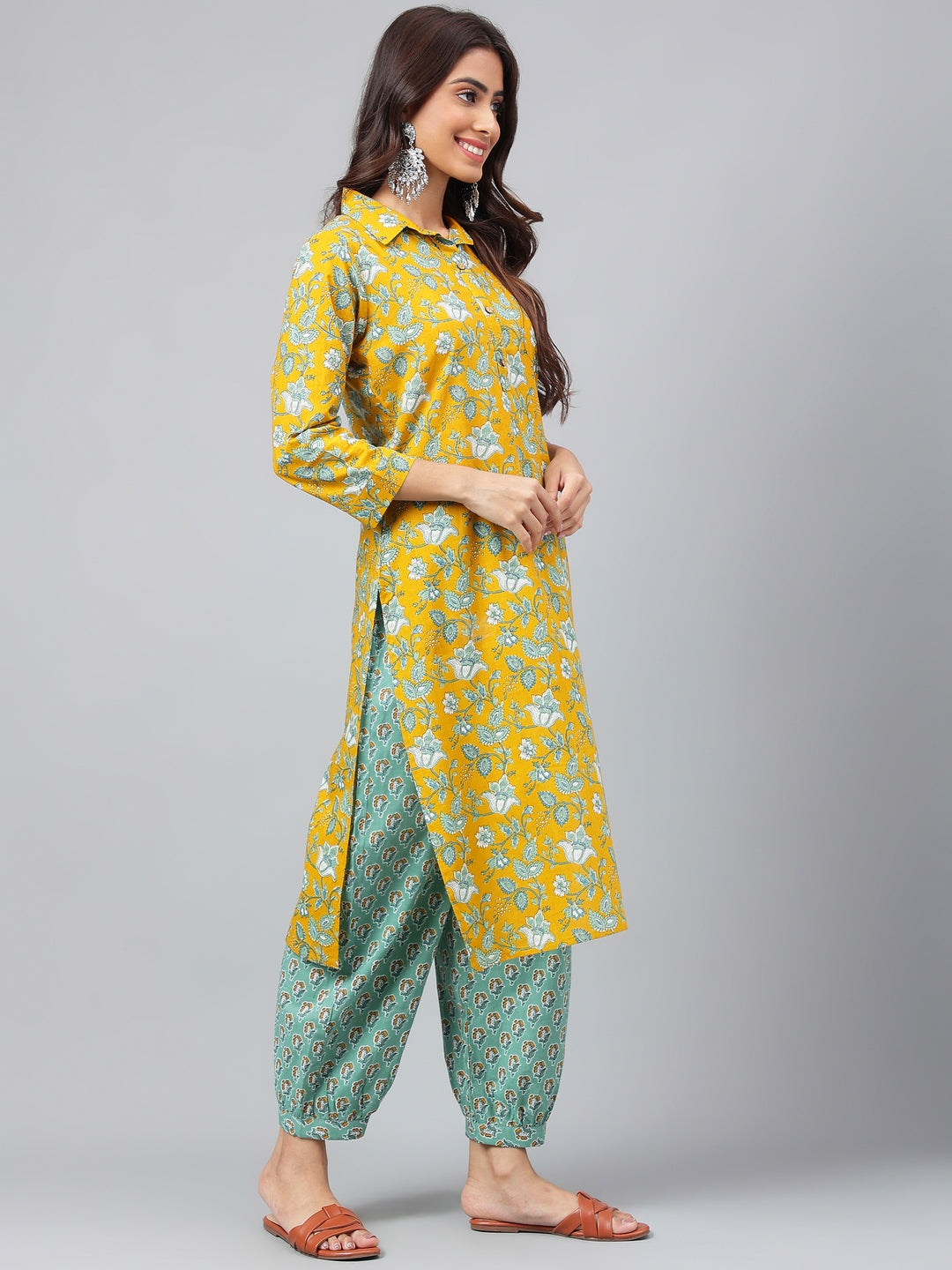 Janasya Women's Mustard Cotton Cambric Floral Printed Straight Casual Kurta Set - Distacart