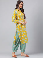 Thumbnail for Janasya Women's Mustard Cotton Cambric Floral Printed Straight Casual Kurta Set - Distacart