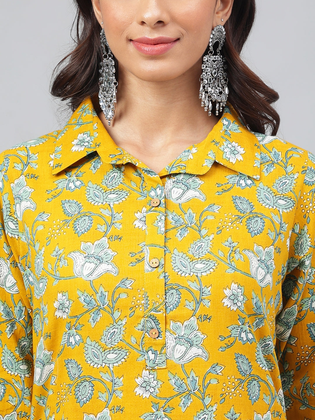 Janasya Women's Mustard Cotton Cambric Floral Printed Straight Casual Kurta Set - Distacart