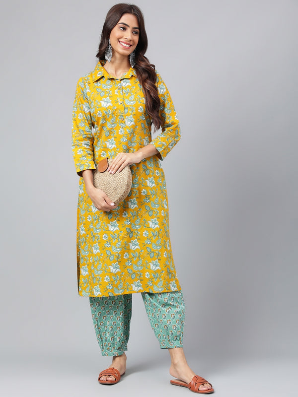 Janasya Women's Mustard Cotton Cambric Floral Printed Straight Casual Kurta Set - Distacart