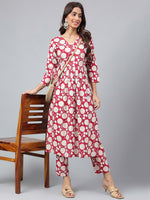 Thumbnail for Janasya Women's Maroon Cotton Floral Printed Gathered Casual Kurta Set - Distacart