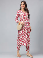 Thumbnail for Janasya Women's Maroon Cotton Floral Printed Gathered Casual Kurta Set - Distacart