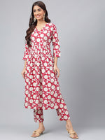 Thumbnail for Janasya Women's Maroon Cotton Floral Printed Gathered Casual Kurta Set - Distacart
