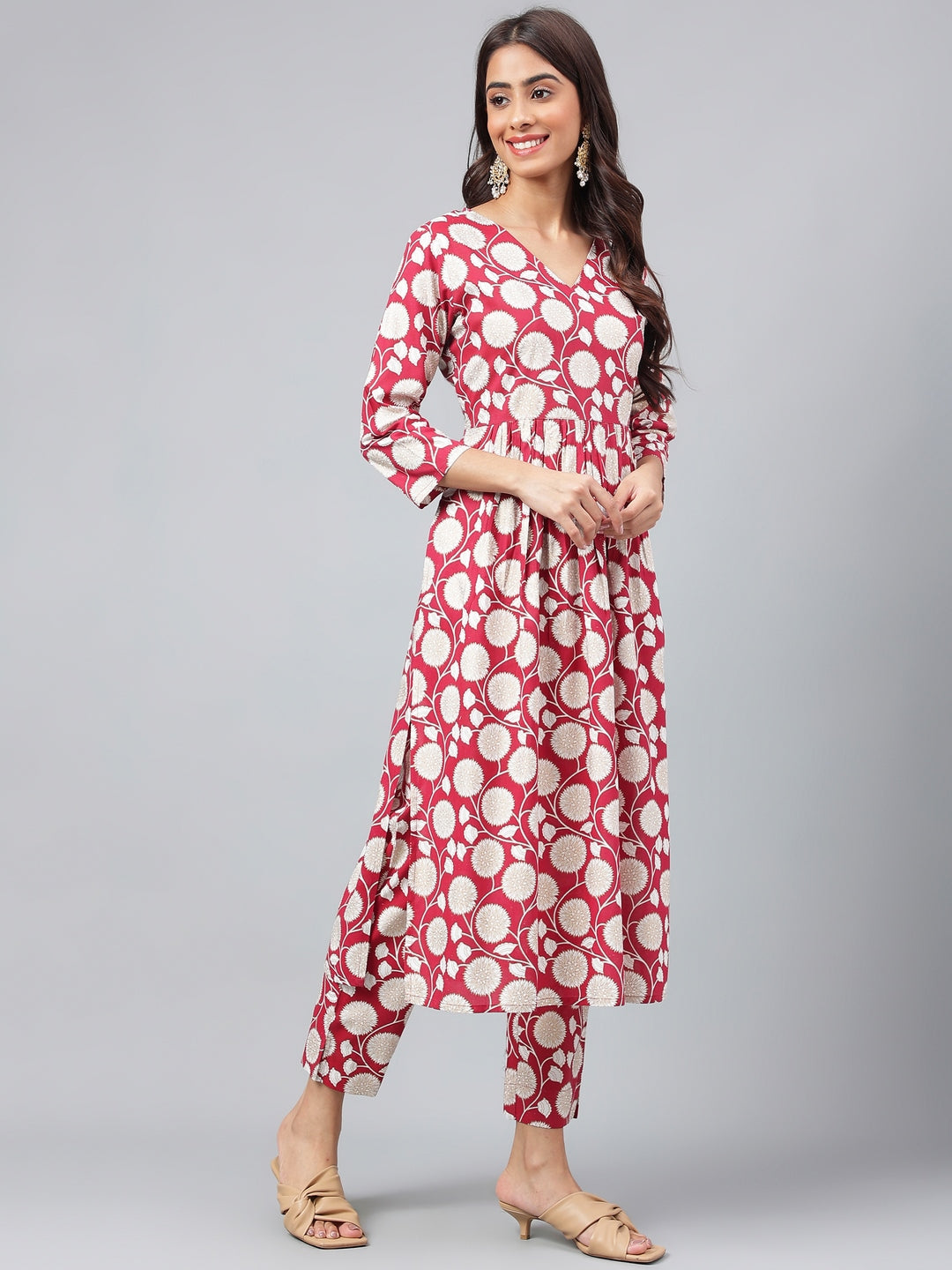 Janasya Women's Maroon Cotton Floral Printed Gathered Casual Kurta Set - Distacart