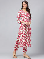 Thumbnail for Janasya Women's Maroon Cotton Floral Printed Gathered Casual Kurta Set - Distacart