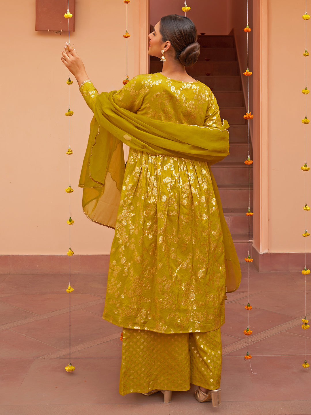 Janasya Women's Yellow Brocade Woven Design Festive Flared Kurta Set - Distacart