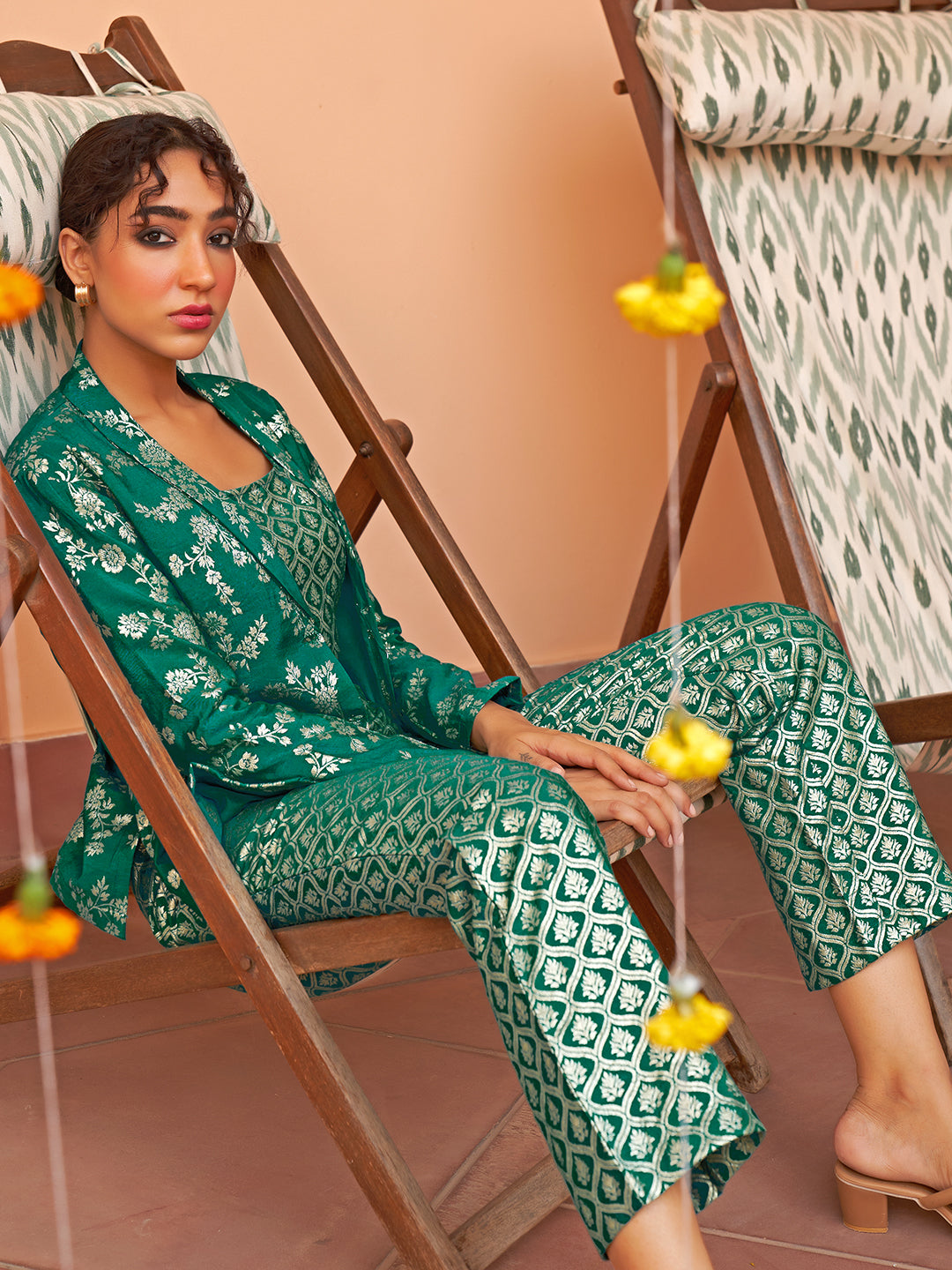 Janasya Women's Rama Green Brocade Woven Design Festive Crop Top Set - Distacart