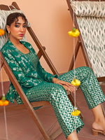 Thumbnail for Janasya Women's Rama Green Brocade Woven Design Festive Crop Top Set - Distacart