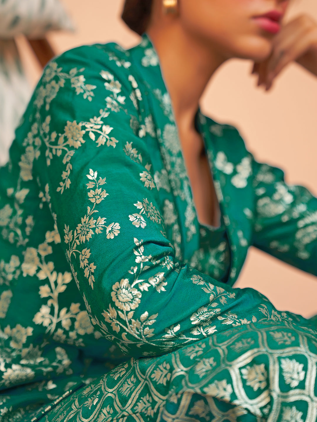 Janasya Women's Rama Green Brocade Woven Design Festive Crop Top Set - Distacart