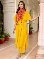 Thumbnail for Janasya Women's Mustard Rayon Solid Festive Gathered Kurta Set - Distacart