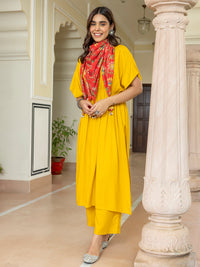 Thumbnail for Janasya Women's Mustard Rayon Solid Festive Gathered Kurta Set - Distacart