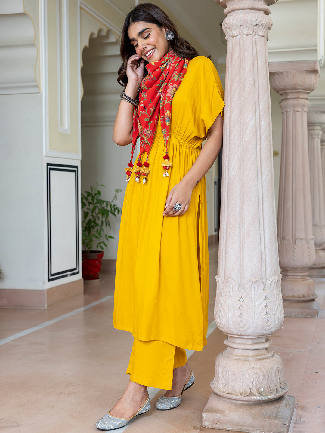 Janasya Women's Mustard Rayon Solid Festive Gathered Kurta Set - Distacart