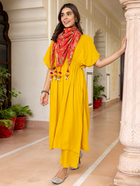Thumbnail for Janasya Women's Mustard Rayon Solid Festive Gathered Kurta Set - Distacart