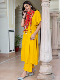 Thumbnail for Janasya Women's Mustard Rayon Solid Festive Gathered Kurta Set - Distacart