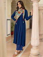 Thumbnail for Janasya Women's Blue Rayon Solid Festive Gathered Kurta Set - Distacart