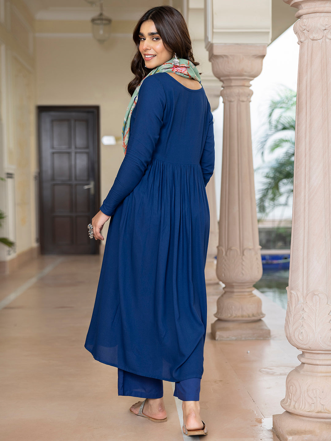 Janasya Women's Blue Rayon Solid Festive Gathered Kurta Set - Distacart