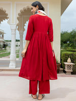 Thumbnail for Janasya Women's Maroon Rayon Solid Festive Gathered Kurta Set - Distacart