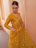 Thumbnail for Janasya Women's Mustard Chanderi Emabellished Festive A-line Kurta Set - Distacart