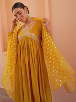 Thumbnail for Janasya Women's Mustard Chanderi Emabellished Festive A-line Kurta Set - Distacart