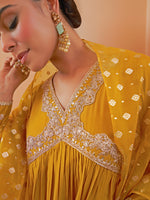 Thumbnail for Janasya Women's Mustard Chanderi Emabellished Festive A-line Kurta Set - Distacart