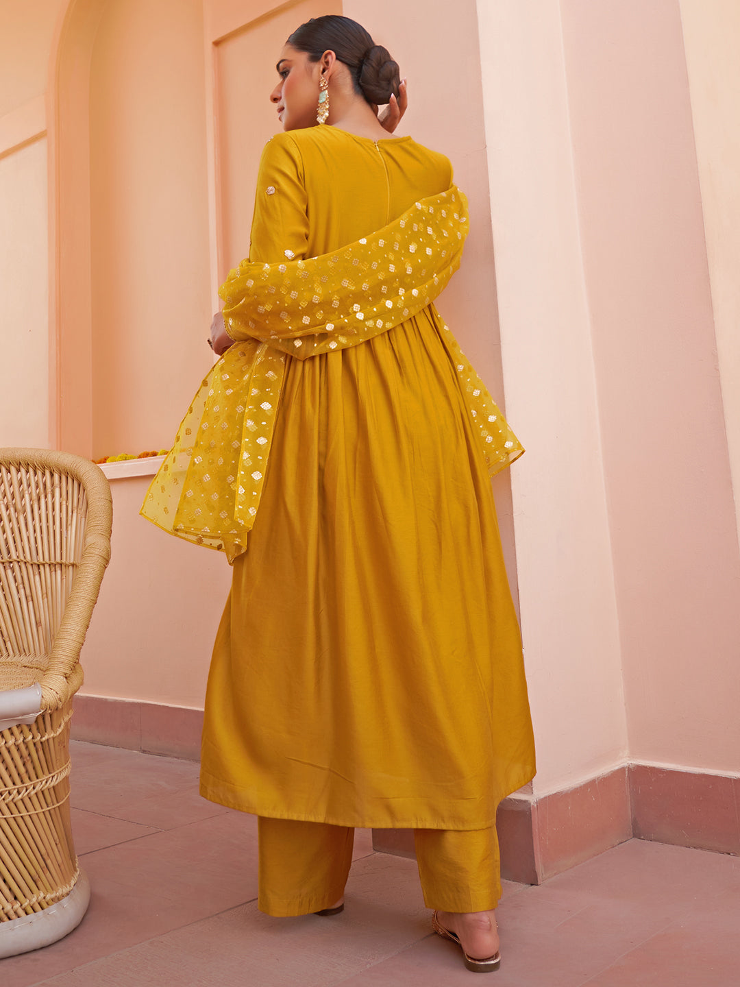 Janasya Women's Mustard Chanderi Emabellished Festive A-line Kurta Set - Distacart