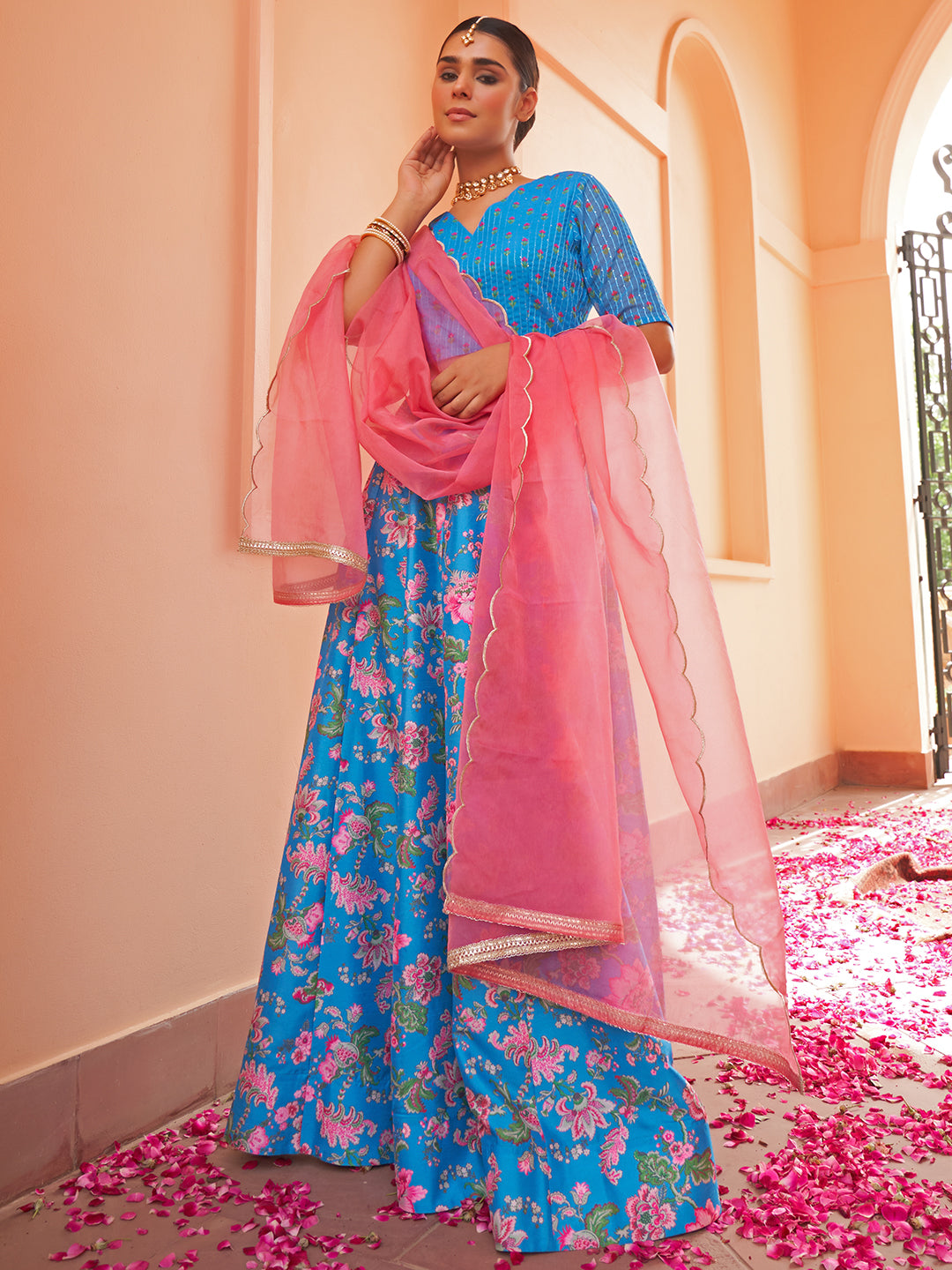 Janasya Blue Georgette Digital Floral Printed Festive Lehenga Choli - Distacart