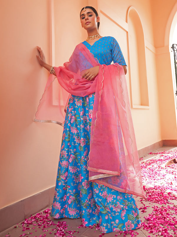 Janasya Blue Georgette Digital Floral Printed Festive Lehenga Choli - Distacart