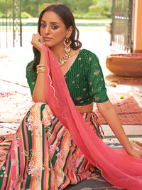 Thumbnail for Janasya Green Georgette Digital Floral Printed Festive Lehenga Choli - Distacart